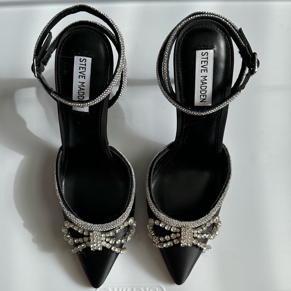 Steve Madden Black Satin Rhinestone Bow Heels